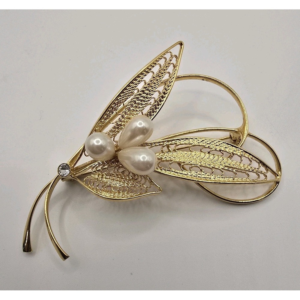 Gold Tone Filigree Butterfly Leaf Brooch Faux Pearls & Rhinestone Large Pin